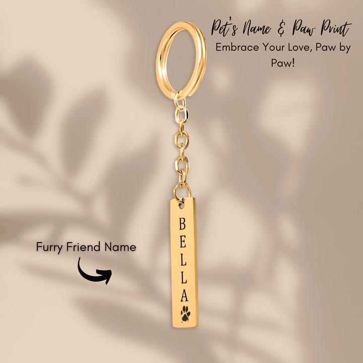 Pet's Name & Paw Print Vertical Bar Keychain