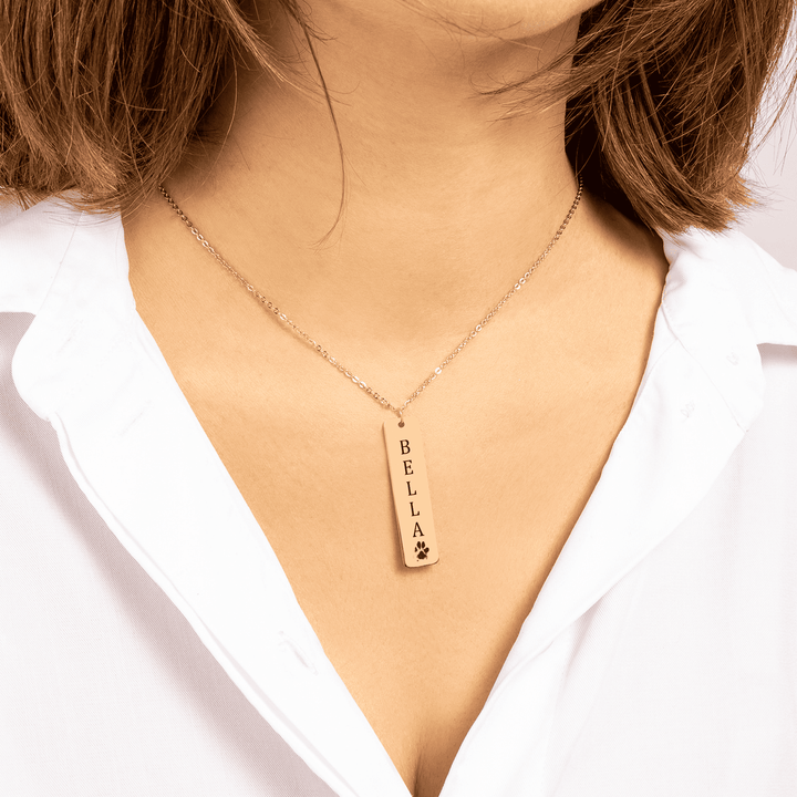 Pet's Name & Paw Print Bar Necklace